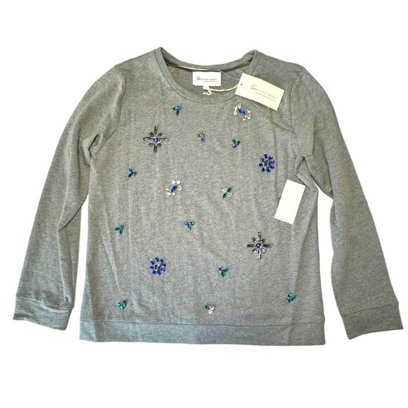NWT Vince Camuto Rhinestone Sweatshirt Top Sz.L Gray Embellished Cotton Preppy - Picture 1 of 11